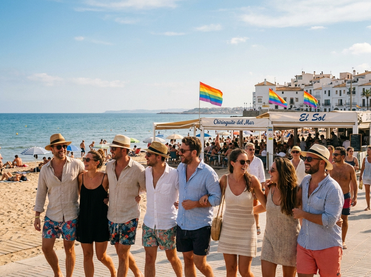 Groupe d'amis adultes sur la promenade de la plage de Sitges avec drapeaux arc-en-ciel et ambiance festive LGBTQ+