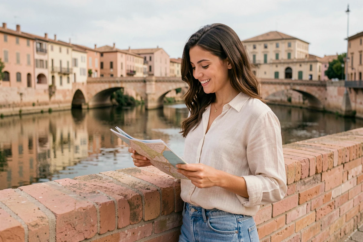 Jeune femme consultant une carte touristique sur le Pont Vieux de Montauban avec vue sur le Tarn et les façades en briques roses