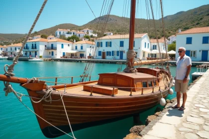 Voilier amarré dans le port de Skopelos avec maisons blanches et mer turquoise en arrière-plan