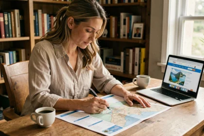 Femme préparant un séjour en croisière en consultant des itinéraires sur une carte papier à son bureau