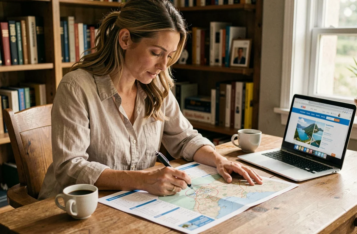 Femme préparant un séjour en croisière en consultant des itinéraires sur une carte papier à son bureau