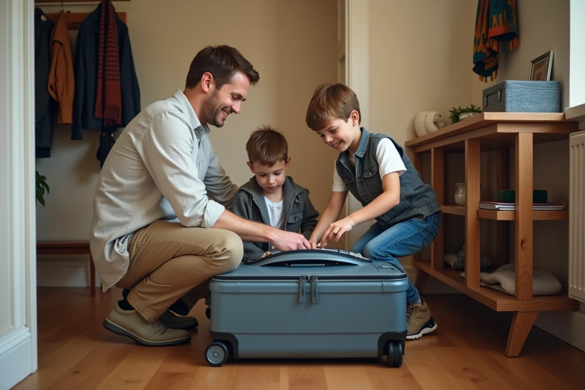 P&egrave;re aidant ses deux fils &agrave; pr&eacute;parer leurs valises cabine avant un voyage en famille Air France