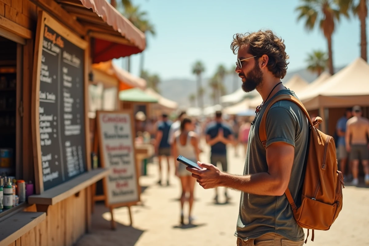 Homme surpris par les prix excessifs d'un stand de nourriture au festival Coachella avec alerte bancaire sur son téléphone