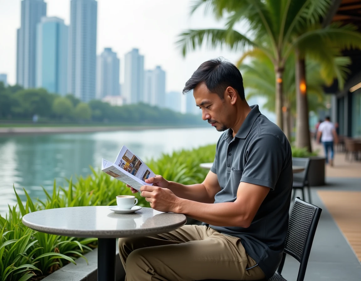 Touriste consultant un guide touristique en terrasse sur la promenade r&eacute;nov&eacute;e River of Life &agrave; Kuala Lumpur en 2026