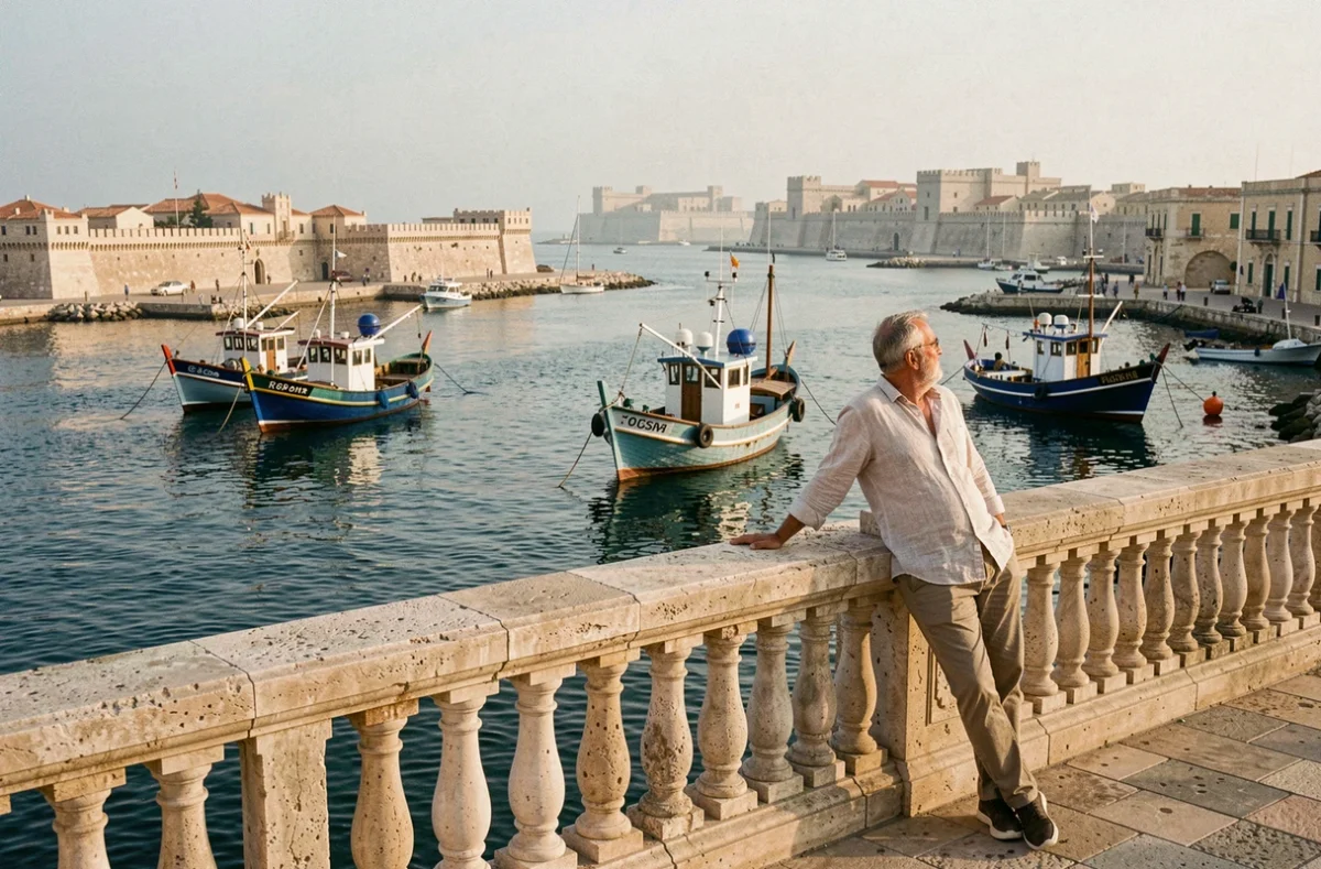 Homme sur la promenade de Senglea avec vue sur le Grand Harbour de Malte et les bateaux luzzu traditionnels