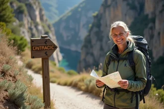 Femme randonneuse souriante près du panneau à Gorropu