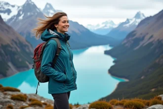 Femme souriante en randonnée dans la Patagonie avec montagnes