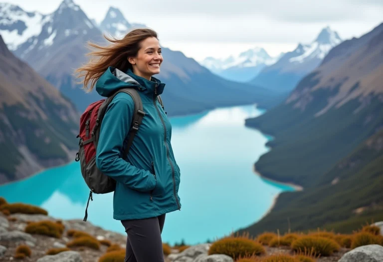 Femme souriante en randonnée dans la Patagonie avec montagnes