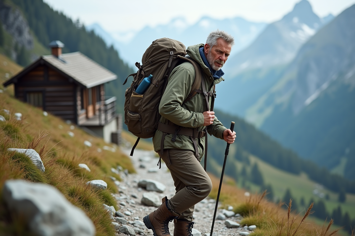 Hiker en montagne avec sac à dos et refuge en arrière-plan
