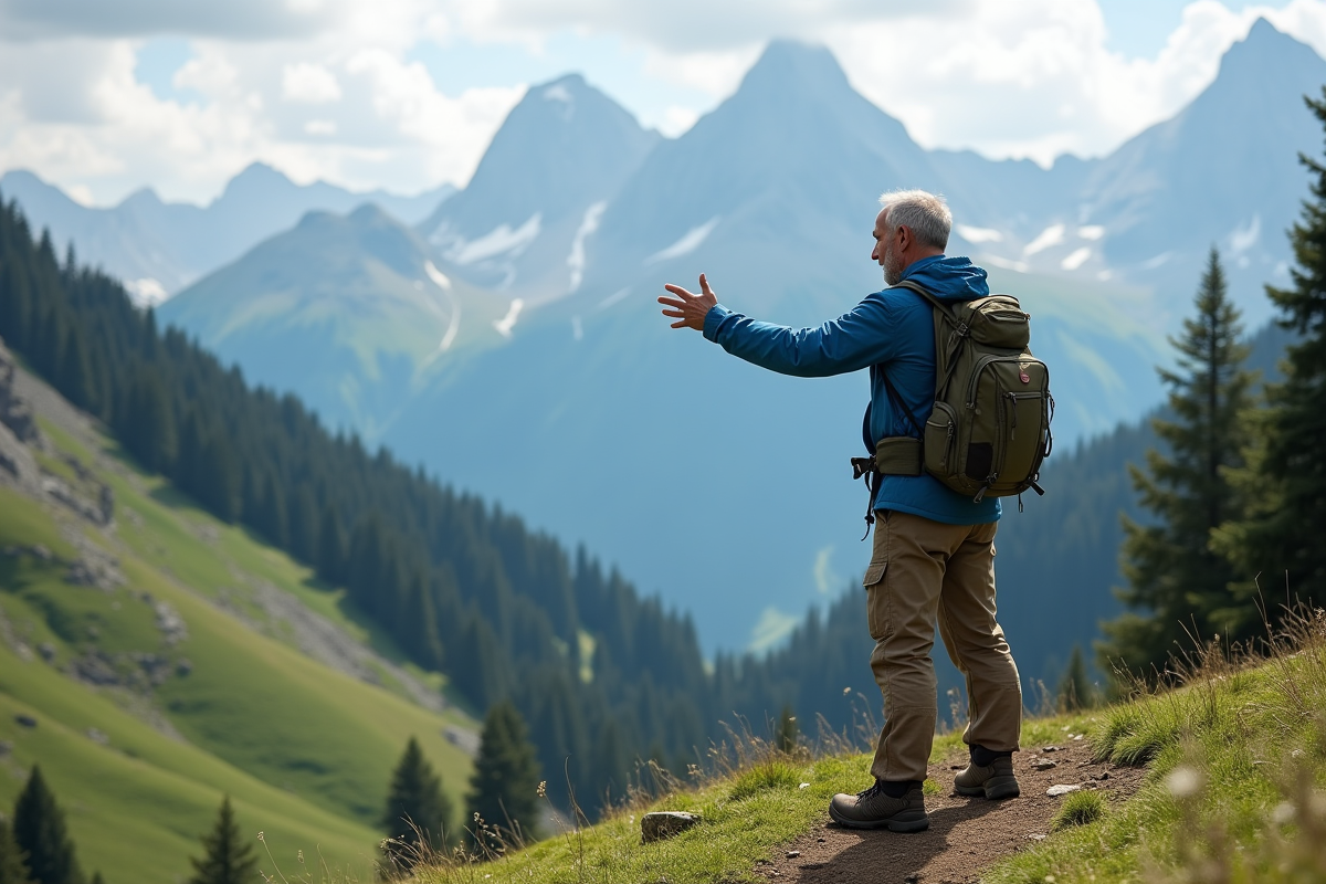 Homme randonneur sur une crête de montagne avec vue panoramique