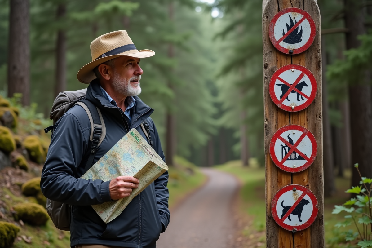Homme en randonnée regardant un panneau d'interdictions en nature