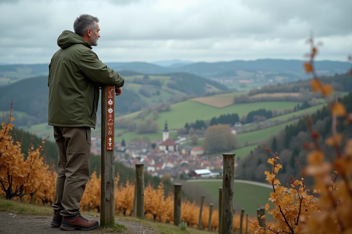 Randonneur contemplant le panorama de la Route des Vins d'Alsace depuis un belvédère du Bas-Rhin en automne