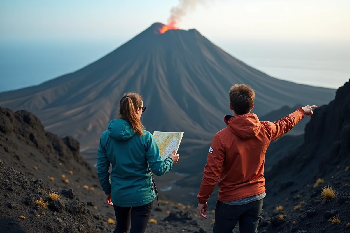Deux randonneurs avec une carte des volcans italiens observant le sommet fumant de Stromboli en Sicile