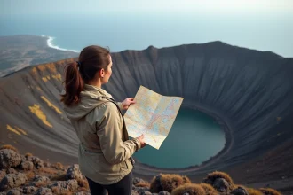 Randonneuse consultant une carte des volcans d'Italie au bord du cratère de l'Etna en Sicile