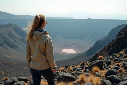 Randonneuse au sommet du cratère de l'Etna en Sicile avec vue panoramique sur les champs de lave