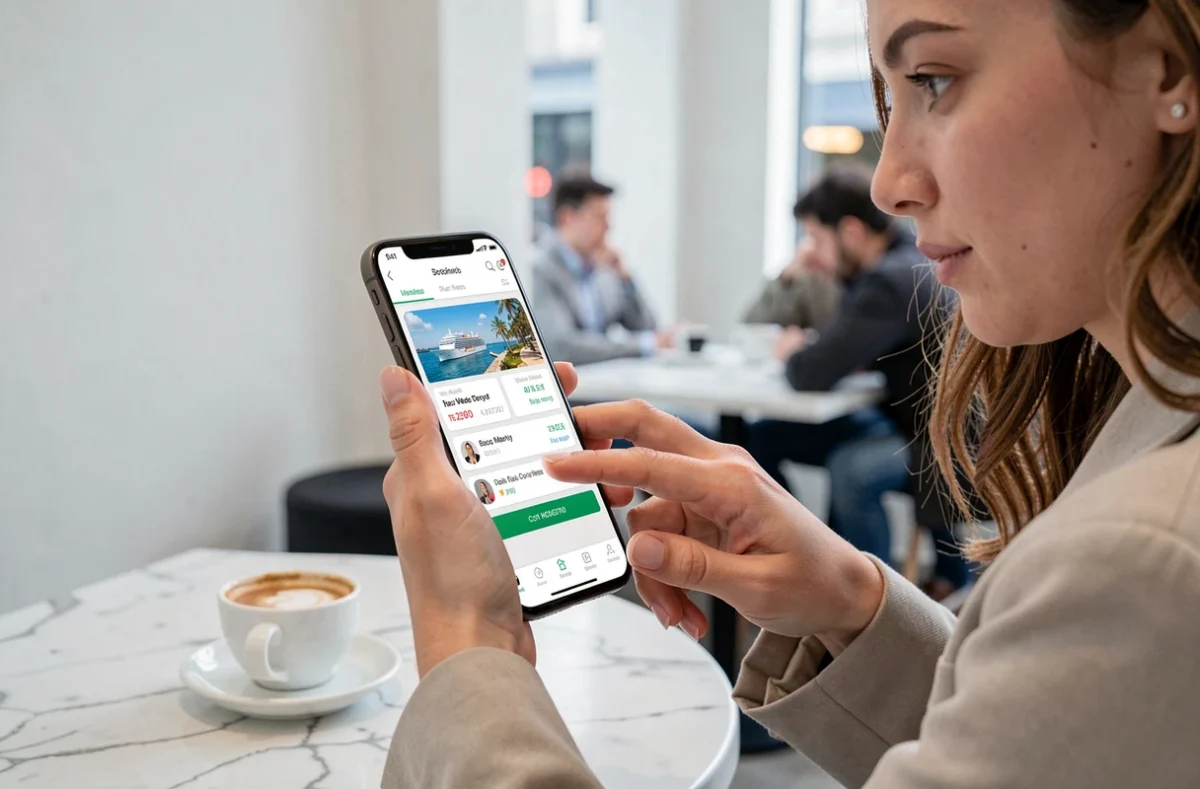 Jeune femme réservant une croisière pas chère sur une application mobile dans un café