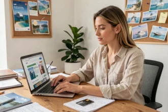 Femme recherchant une croisière pas chère en août sur un ordinateur portable à son bureau