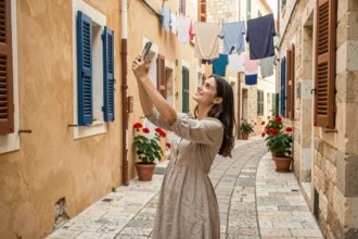 Jeune femme photographiant une ruelle en calcaire de Senglea à Malte avec volets colorés et pavés authentiques