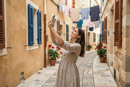 Jeune femme photographiant une ruelle en calcaire de Senglea à Malte avec volets colorés et pavés authentiques
