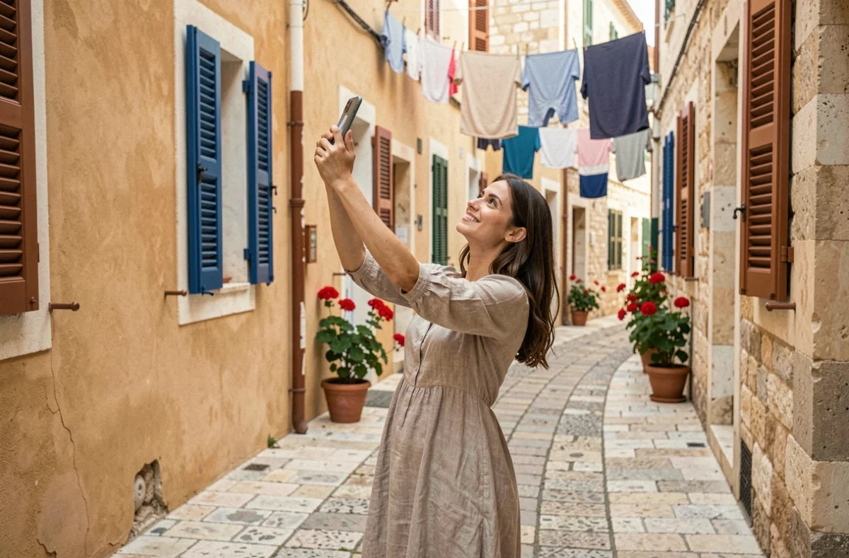 Jeune femme photographiant une ruelle en calcaire de Senglea à Malte avec volets colorés et pavés authentiques