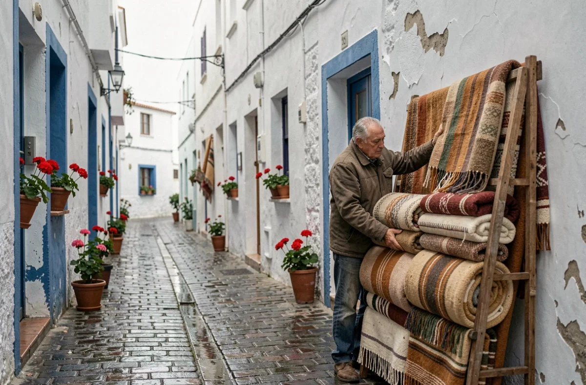 Vendeur marocain dans une ruelle de la Kasbah de Tanger avec des couvertures en laine berbère un jour d'hiver