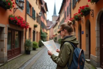 Voyageuse explorant une ruelle pavée bordée de maisons à colombages dans une petite ville médiévale allemande méconnue