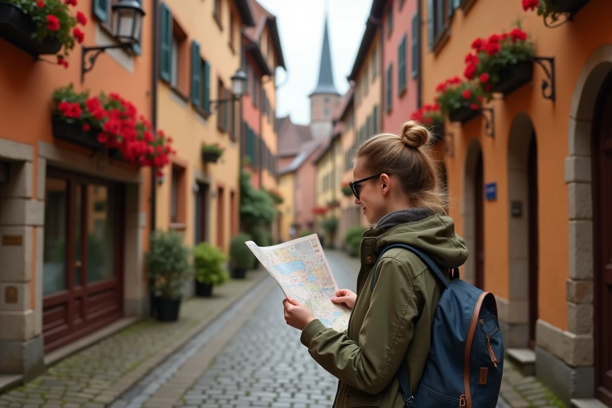 Voyageuse explorant une ruelle pavée bordée de maisons à colombages dans une petite ville médiévale allemande méconnue