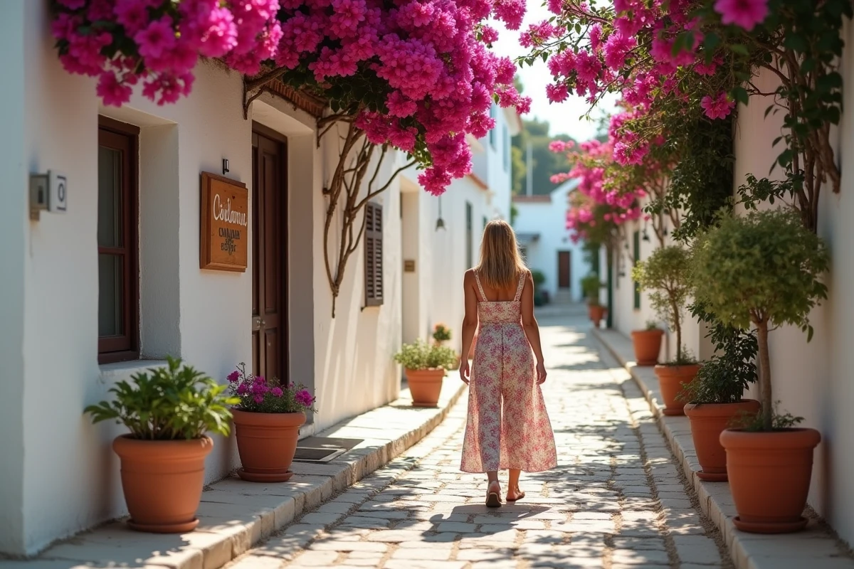 Ruelle pavée typique du vieux village de Skopelos avec bougainvilliers et architecture cycladique