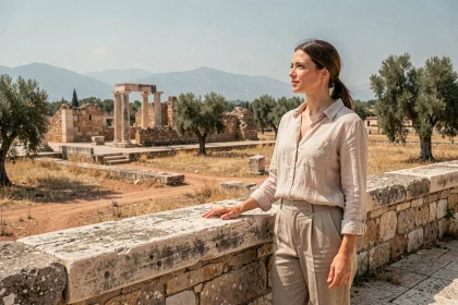 Voyageuse admirant les ruines archéologiques de Vergina en Macédoine grecque