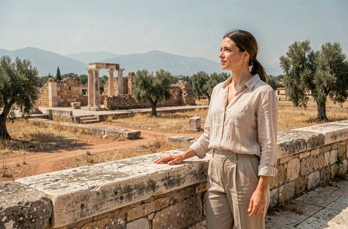 Voyageuse admirant les ruines archéologiques de Vergina en Macédoine grecque