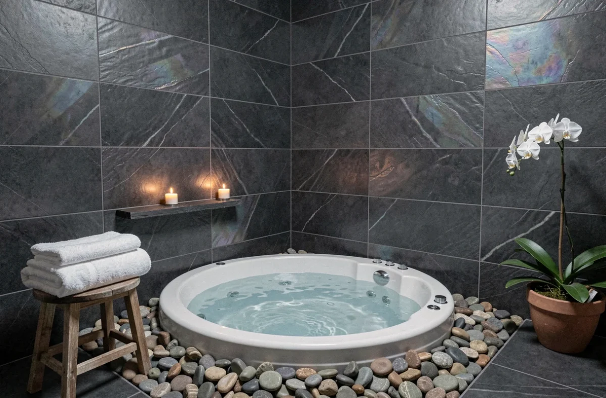 Espace spa intime avec bain bouillonnant et bougies dans une chambre d'hôtes à Clichy-sous-Bois