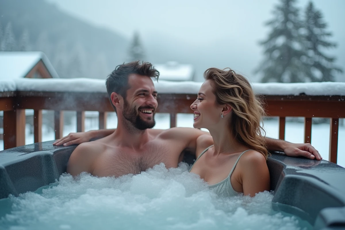 Couple se relaxant dans un spa extérieur privé sur un balcon enneigé d'une résidence de montagne aux Menuires