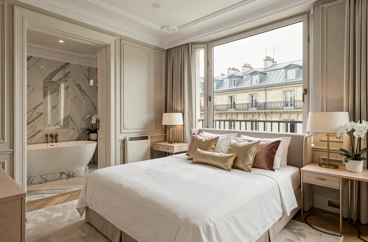 Suite de luxe avec vue sur les toits de Paris et salle de bain marbre avec baignoire îlot