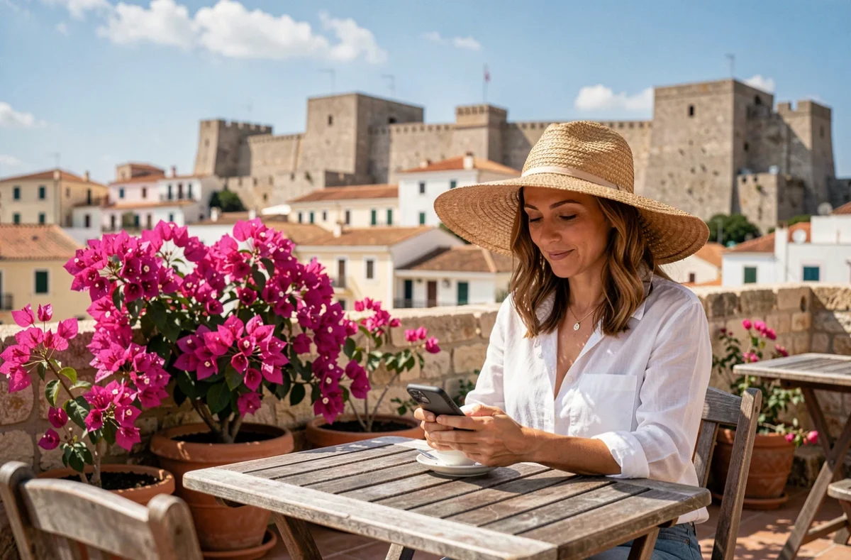 Femme sur une terrasse de café sur les toits de Senglea avec bougainvilliers et vue panoramique sur les remparts de Malte