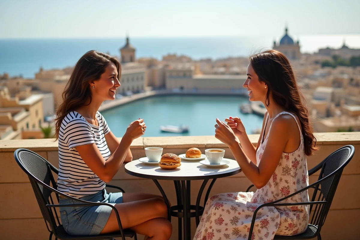 Deux amies savourant un café en terrasse avec vue panoramique sur le Grand Port de La Valette à Malte