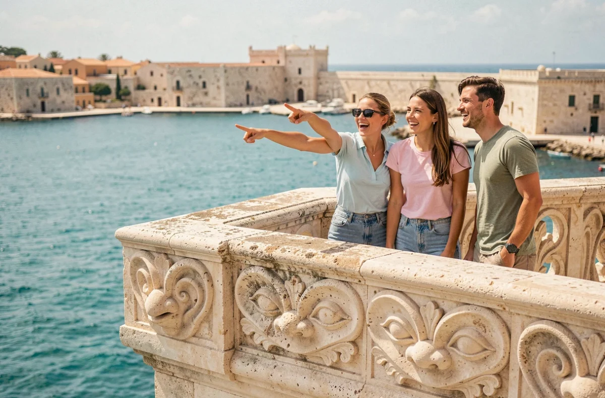 Groupe d'amis près de la tour de guet Vedette de Senglea avec sculptures en pierre et vue sur le port de Malte