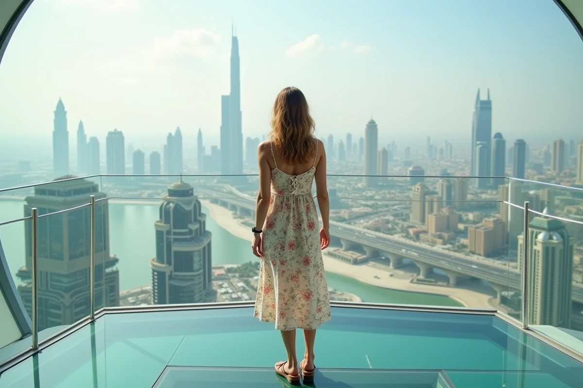 Touriste admirant le panorama de Dubaï depuis le Dubai Frame avec vue sur les gratte-ciels et la vieille ville