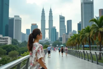 Touriste admirant les Tours Petronas depuis la passerelle piétonne rénovée de Merdeka Square à Kuala Lumpur en 2026