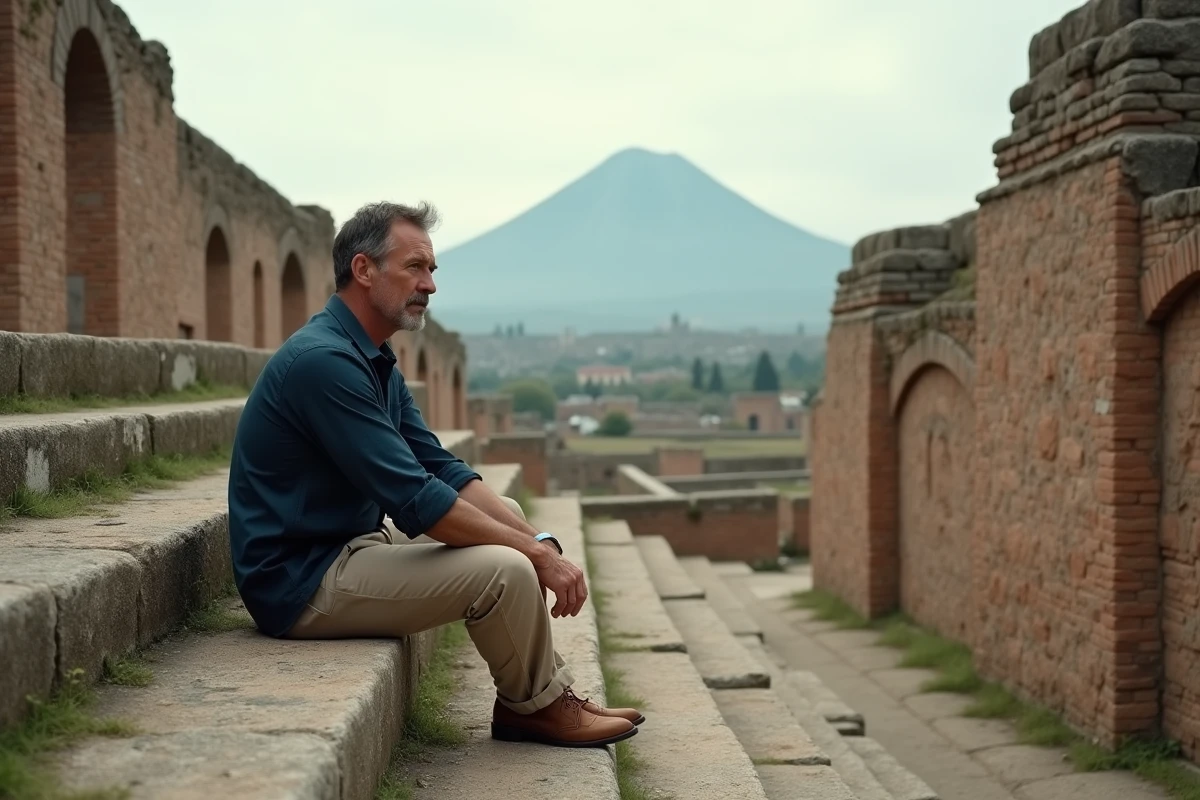 Touriste assis sur les ruines de Pompéi avec le Vésuve en arrière-plan dans la brume