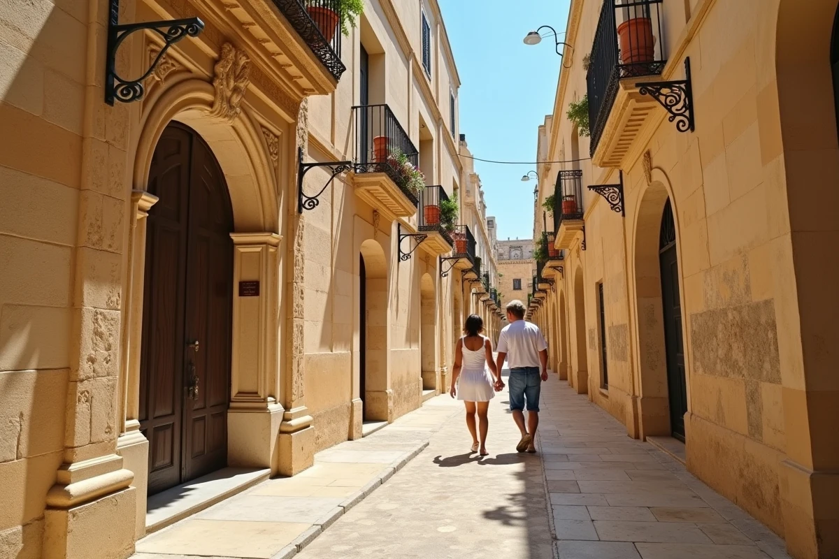 Couple de touristes découvrant les ruelles médiévales de Mdina lors d'une escale en croisière à Malte