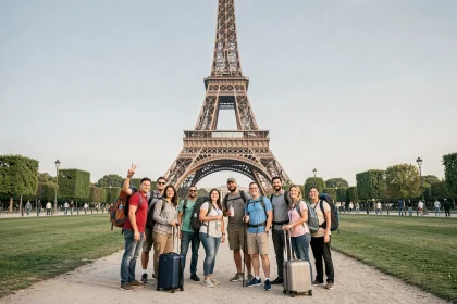 Groupe de touristes internationaux devant la Tour Eiffel à Paris, destination la plus visitée au monde