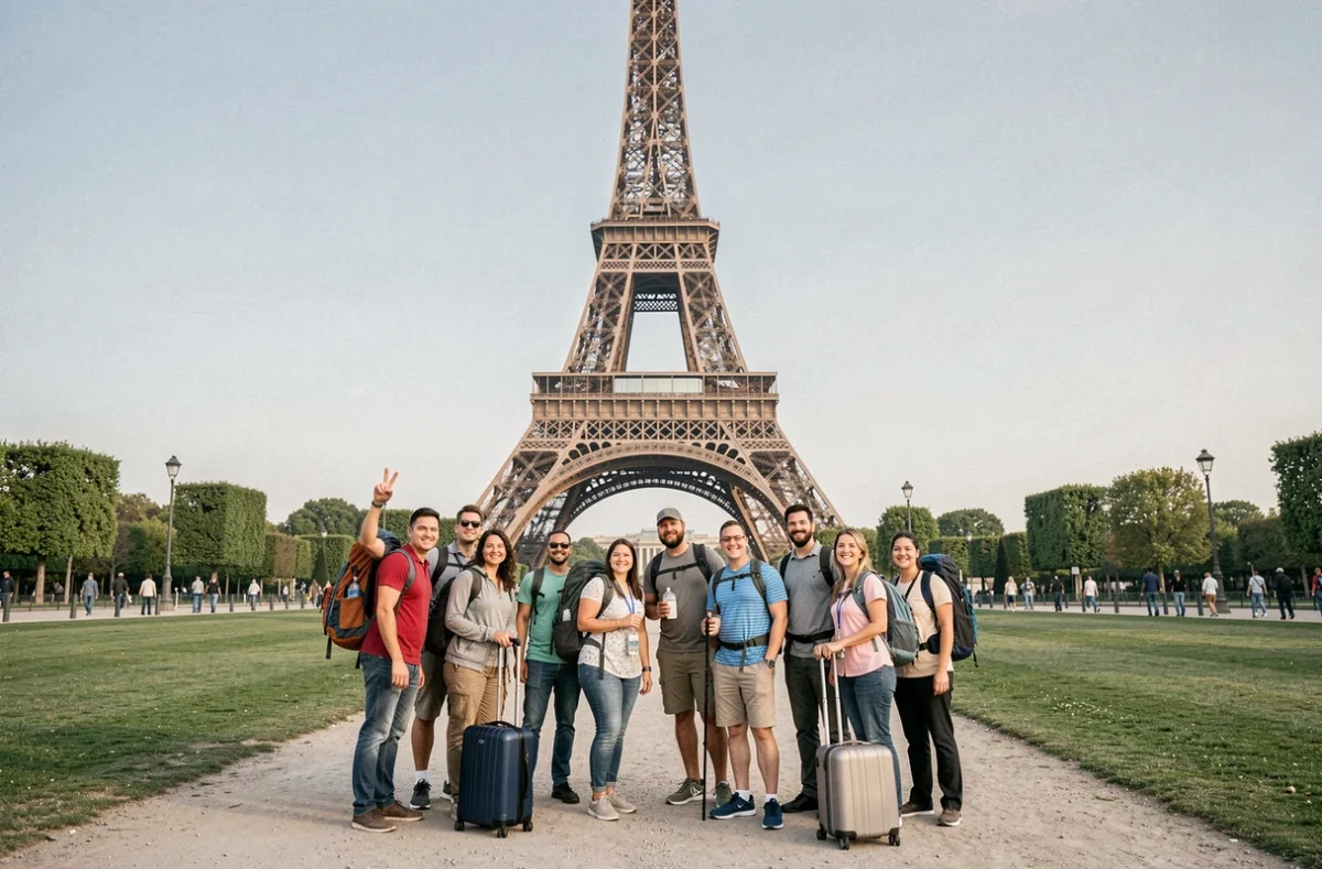 Groupe de touristes internationaux devant la Tour Eiffel à Paris, destination la plus visitée au monde