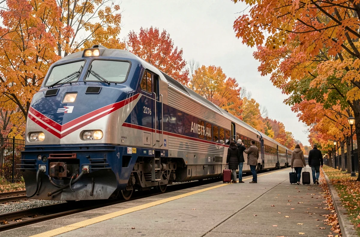 Train Amtrak à quai en automne représentant le trajet ferroviaire entre Montréal et New York City