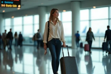 Jeune femme tirant une valise cabine rigide bon marché dans un aéroport moderne