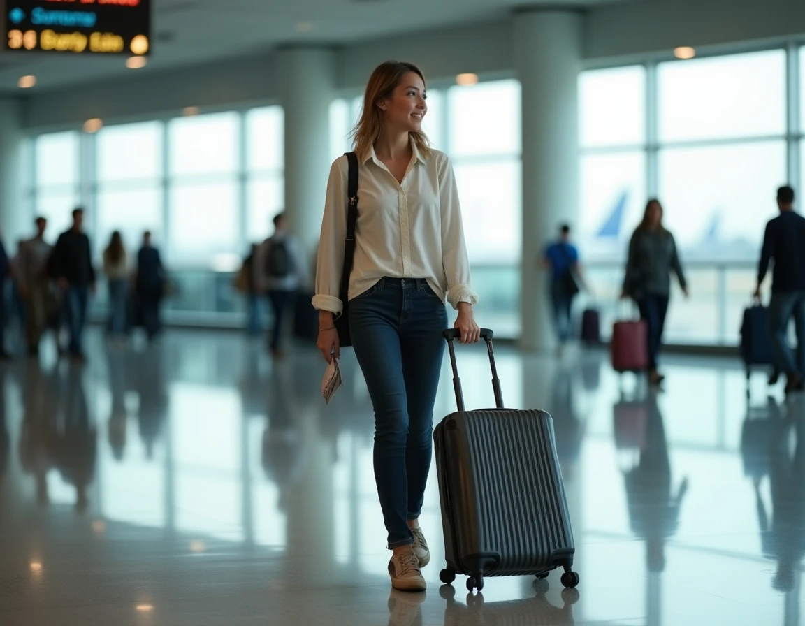 Jeune femme tirant une valise cabine rigide bon marché dans un aéroport moderne