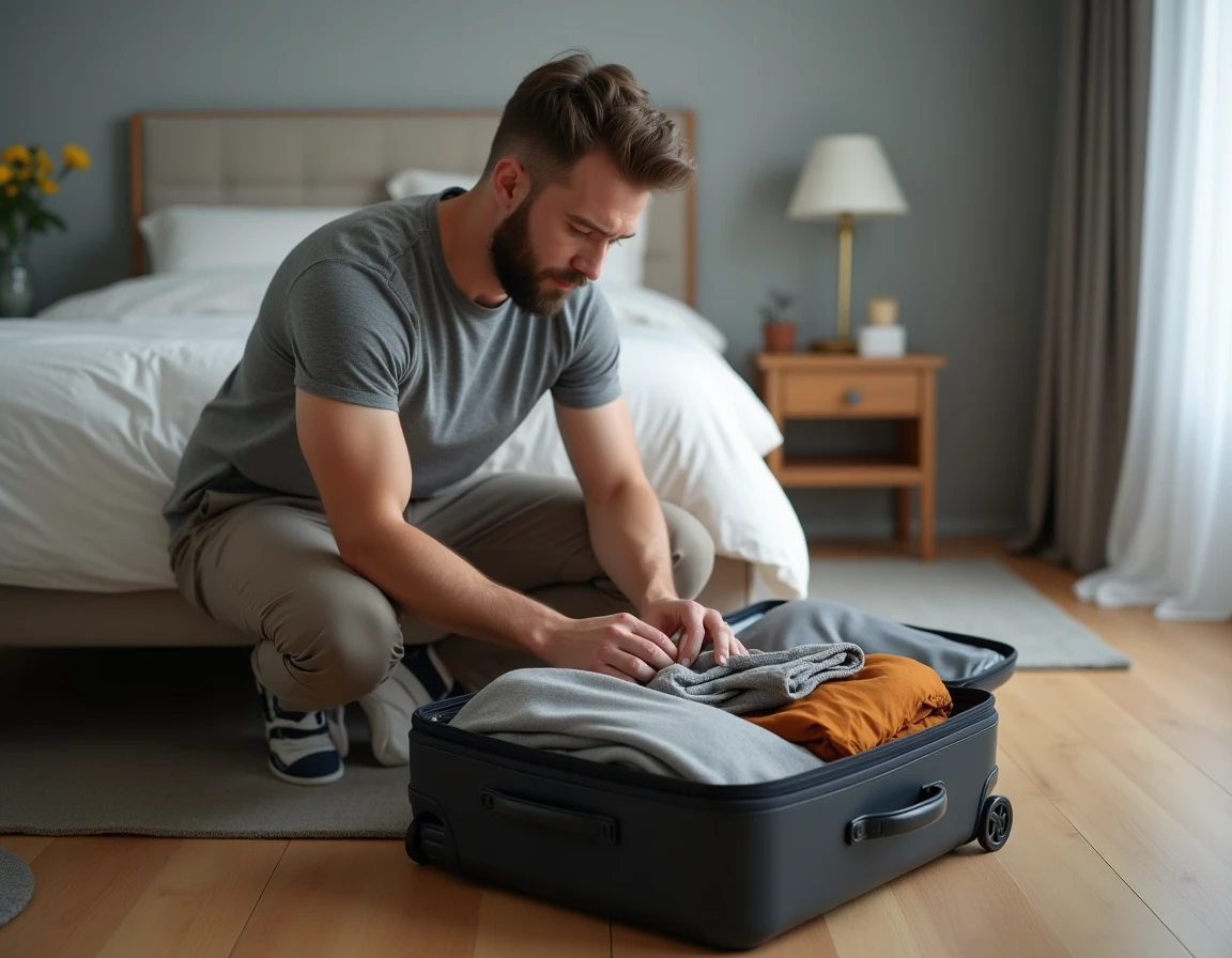 Homme organisant ses vêtements dans une valise légère ouverte sur le sol d'une chambre