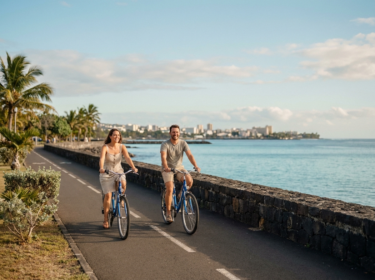 Couple faisant du vélo le long de la promenade côtière de Saint-Denis de la Réunion avec vue sur l'océan Indien