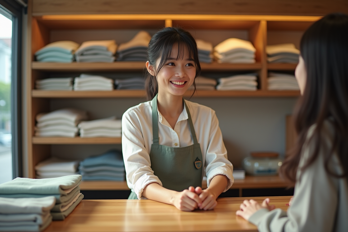 Vendeuse japonaise souriante dans une boutique authentique