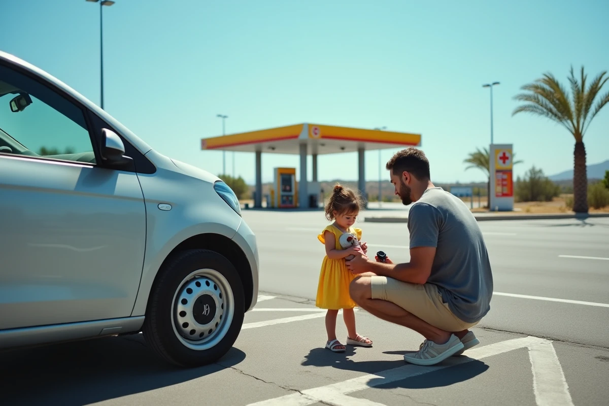 Père vérifiant l'état du véhicule avec son enfant lors d'une pause sécurité sur l'autoroute espagnole