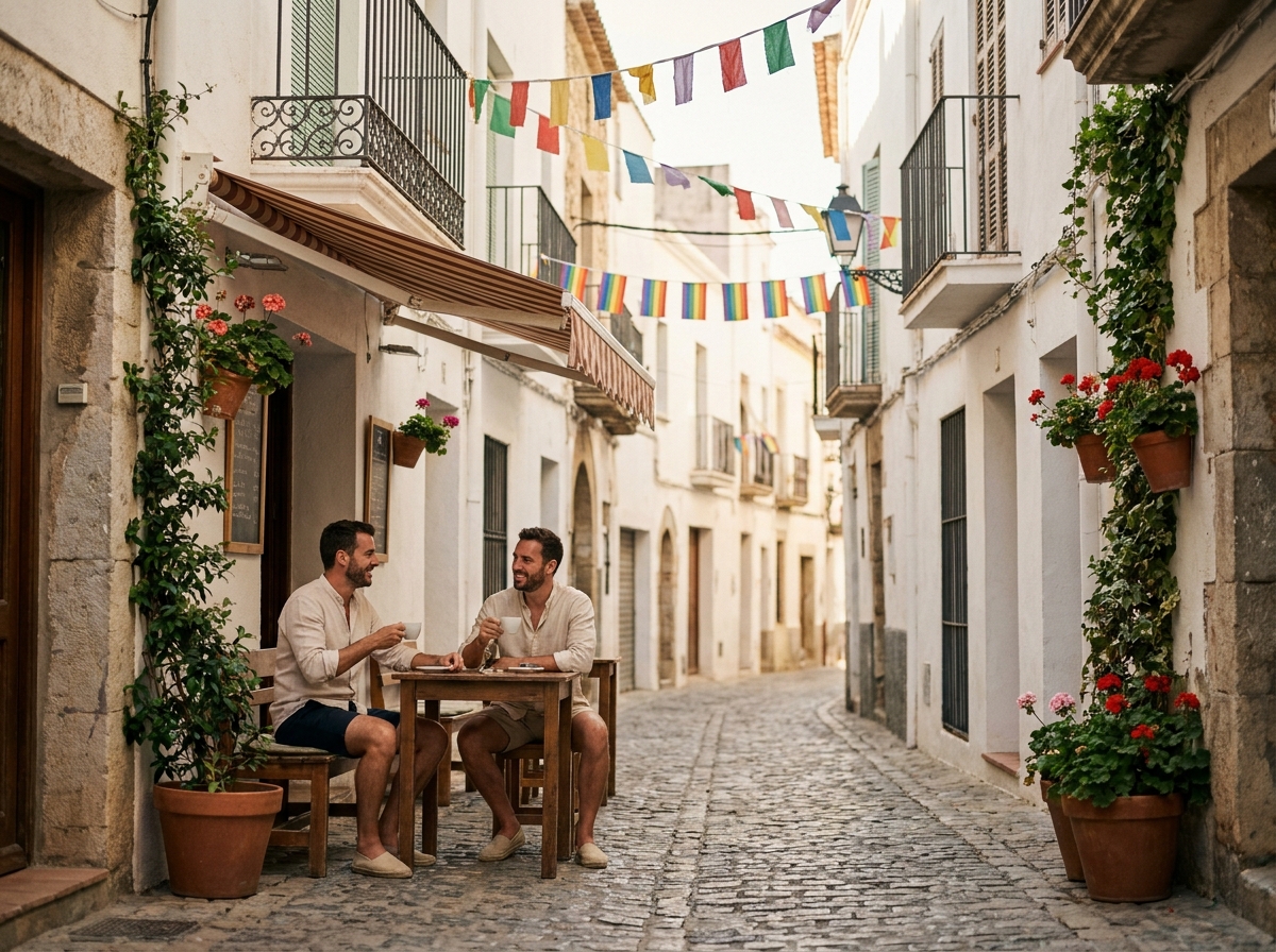Couple d'hommes adultes dans une ruelle pittoresque de Sitges décorée de bannières aux couleurs LGBTQ+